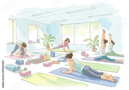 Diverse group of women practicing yoga poses in a bright, airy studio with plants and windows