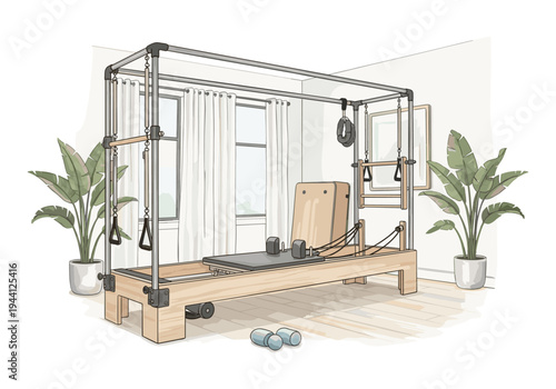 Pilates reformer machine with hanging straps and padded foot bar in a bright studio setting