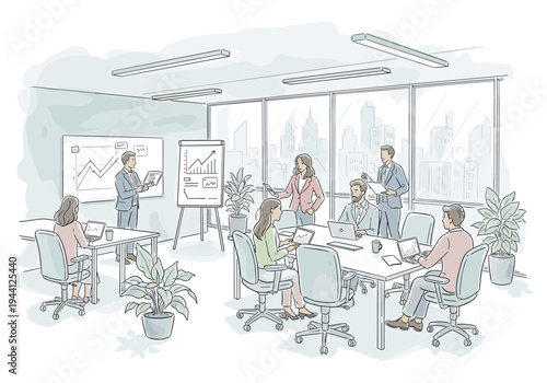 Business meeting in a modern office with a city view, presenting charts and graphs