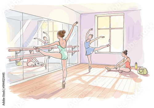 Ballet dancers practice graceful poses in a sunlit studio with mirrors and barre