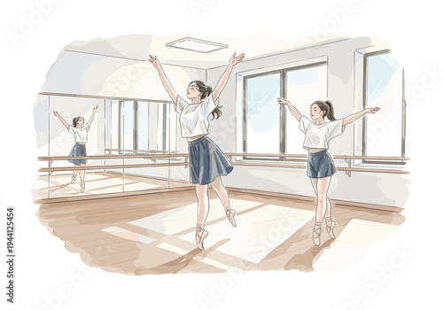 Two young women practicing ballet poses in a bright studio with mirrors and barre