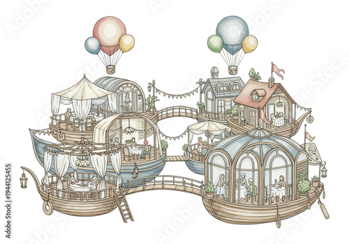 Whimsical floating village with restaurants and hot air balloons in a charming illustration