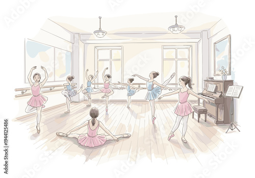 Young ballet dancers practice graceful poses and stretches in a sunlit studio with a piano