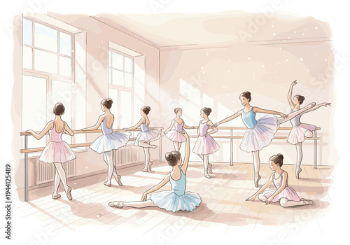 Ballet dancers practicing graceful poses in a sunlit studio with barre and large windows