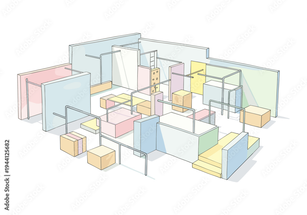 Fototapeta premium Abstract architectural model with pastel blocks and metal structures, isometric view