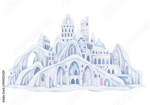 Whimsical fantasy ice castle city with arched structures and towers in soft pastel colors