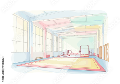 Bright and airy gymnastics hall with training equipment and large windows