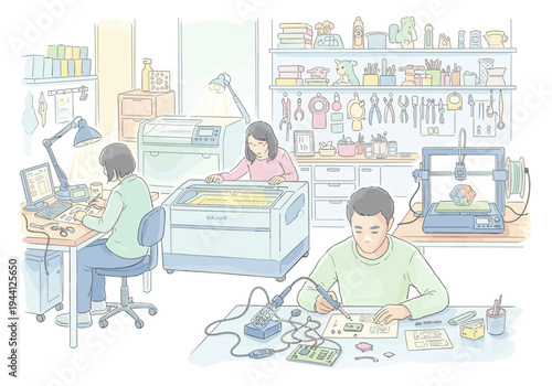 People working in a modern workshop with 3D printer and laser cutter