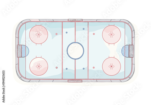 Top-down view of a clean, stylized ice hockey rink with nets and face-off circles