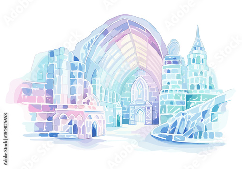 Whimsical watercolor illustration of an ice palace with pastel hues and intricate architectural details