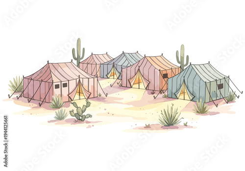 Desert camp with colorful tents and cacti under a clear sky