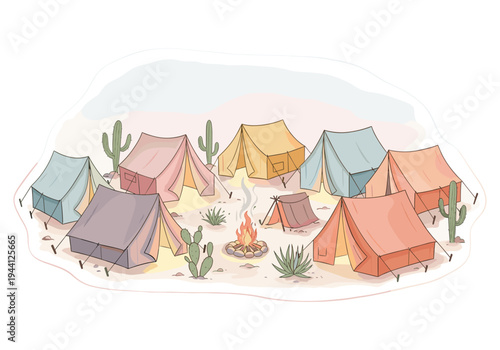 Cartoon illustration of a desert campsite with multiple tents and a campfire