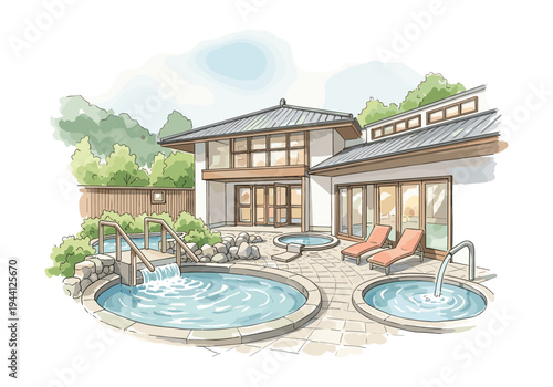 Modern spa resort with outdoor hot tubs and lounge chairs, surrounded by lush greenery