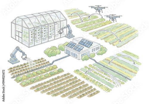 Modern agriculture utilizes drones and robots for efficient farming and crop management