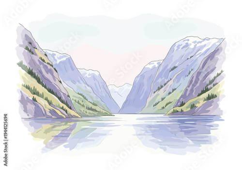 Serene mountain landscape with a calm lake reflecting the majestic peaks and green slopes