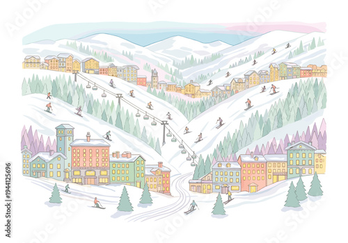 Charming ski resort village nestled in snowy mountains with skiers and a cable car