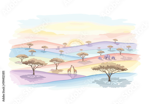 Whimsical African savanna landscape with giraffes and elephants at sunrise