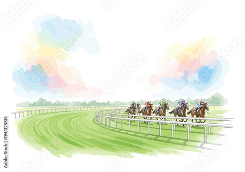 Horse racing competition on a sunny day with colorful abstract clouds in the sky