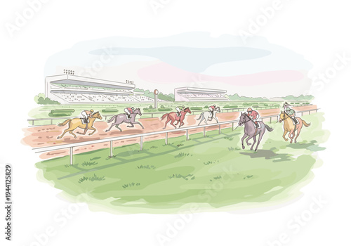 Horse race with jockeys competing on a dirt track with grandstands in the background