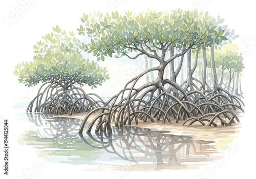 Illustration of mangrove trees with intricate root systems growing in shallow water and on sandy shore