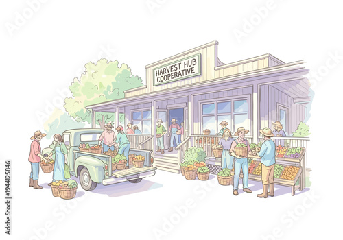 Farmers and customers gather at a cooperative market with fresh produce and a pickup truck