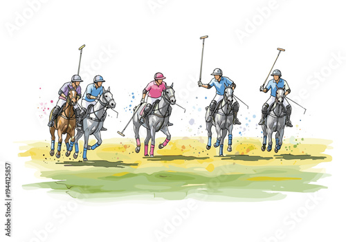 Illustration of a polo match with riders on horseback competing on a grassy field
