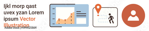 Data visualization, user tracking, navigation, profile identification, analytics, geolocation. Display with a graph, person icon and map marker illustration. Data visualization and user tracking