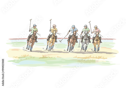 Illustration of a polo match with riders on horseback, capturing the dynamic action of the sport