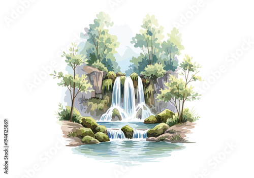 Serene cascading waterfall surrounded by lush green trees and mossy rocks in a natural landscape