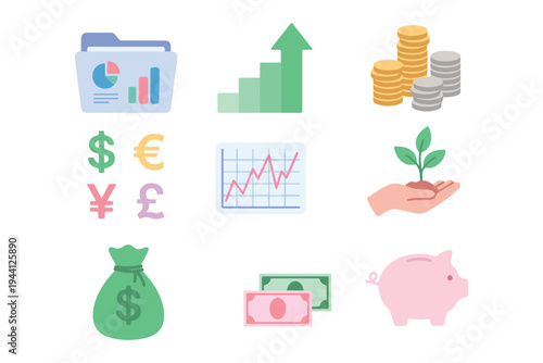 Business and Financial Icon Set, Money, Piggy Bank, Charts, and Investment Concept Flat Vector Illustration