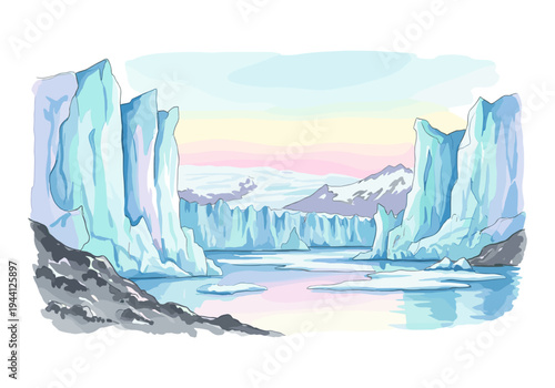 Vibrant pastel sunset over a majestic glacial landscape with icebergs and mountains