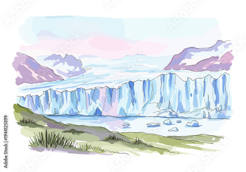 Vibrant watercolor illustration of a majestic glacier face meeting calm water with distant mountains