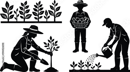 Farmer, gardening, planting, watering, agriculture, plants, harvest, farming, nature, cultivation, organic, gardener, crops, silhouette, people, rural, work, black, flat, vector