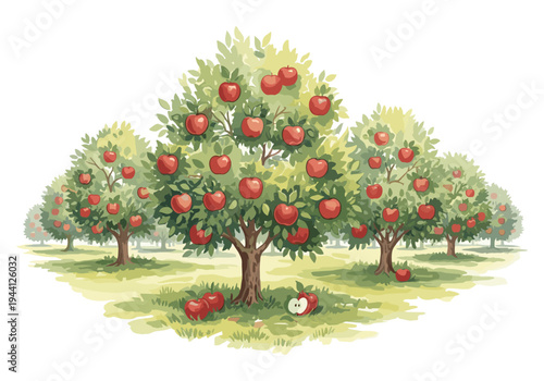 Orchard of ripe red apples on trees, a bountiful harvest in a picturesque landscape