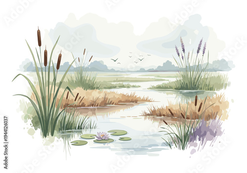 Watercolor painting of a serene marsh landscape with cattails and a single water lily