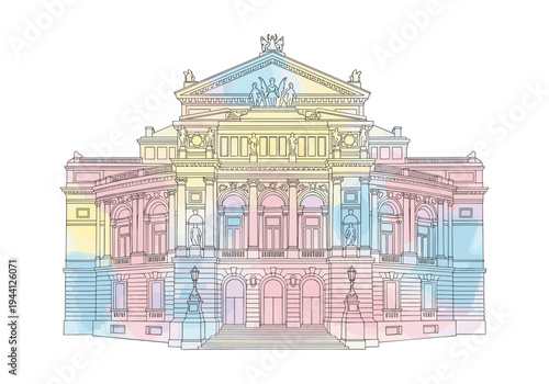Elegant neoclassical opera house facade with pastel watercolor accents and intricate architectural details
