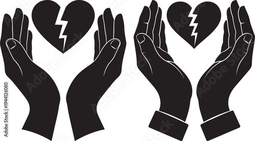 Broken heart silhouette icon in hands caring for love