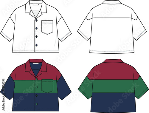 Short Sleeve Camp Collar Button Down Shirt Technical Flat Sketch, Color Blocked and Plain Front and Back View CAD Drawing Flat Vector Illustration