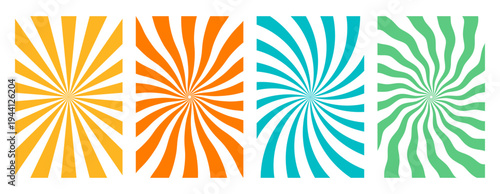 Abstract Retro Spiral Sunburst and Psychedelic Wavy Ray Background Collection in Vintage Summer Colors. perfect for 70s or 80s themed. 