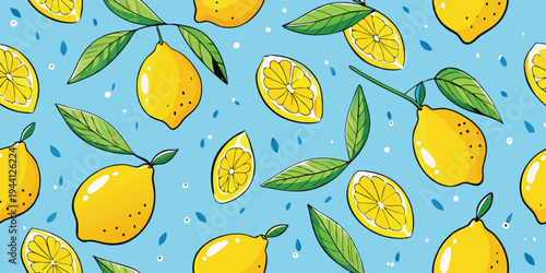 Bright yellow lemons with green leaves on blue background in vector style