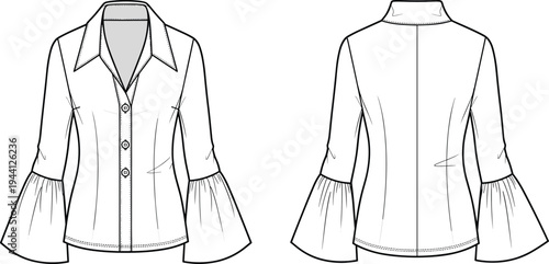 Women bell sleeve button down shirt fashion technical sketch, front and back view, apparel template, cad drawing flat vector illustration