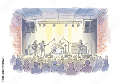 Live rock band performing on stage with drums, guitars, and audience watching