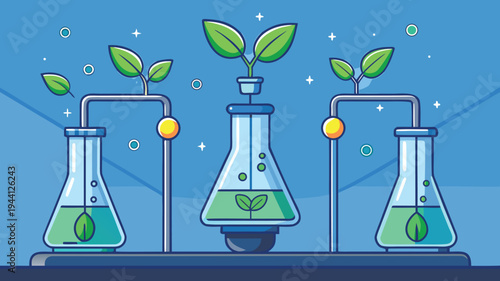 Science experiment with three flasks showing plants and green liquid