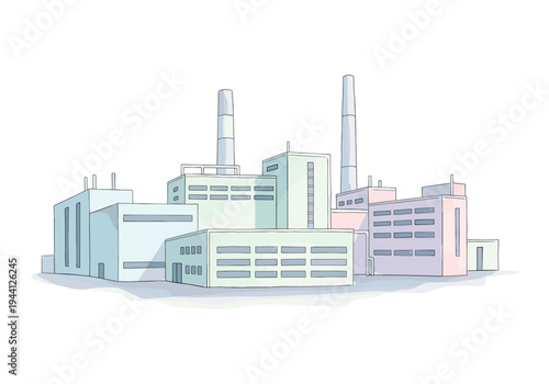 Illustration of a modern industrial factory complex with smokestacks and multiple buildings