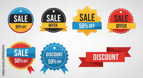 Collection of sale and discount tags and labels.