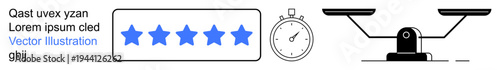 Customer satisfaction, time tracking, equality, quality assurance, performance evaluation, business metrics. Blue star rating, stopwatch and scale. Customer satisfaction and time tracking concepts