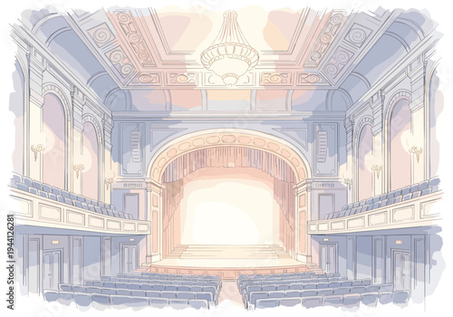 Elegant theater interior with rows of seats and a brightly lit stage ready for performance