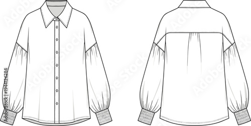 Women oversized bishop sleeve button down shirt fashion technical sketch, front and back view, apparel template, cad drawing flat vector illustration