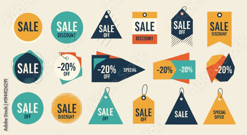 Collection of Sale and Discount Tags and Labels.