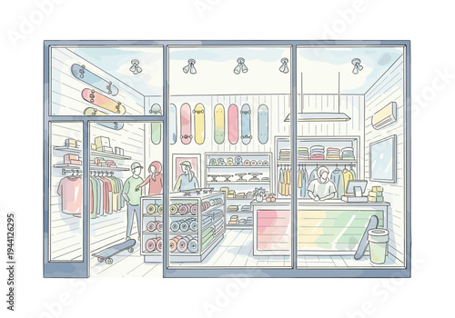 Skate shop interior with colorful skateboards, apparel, and accessories on display